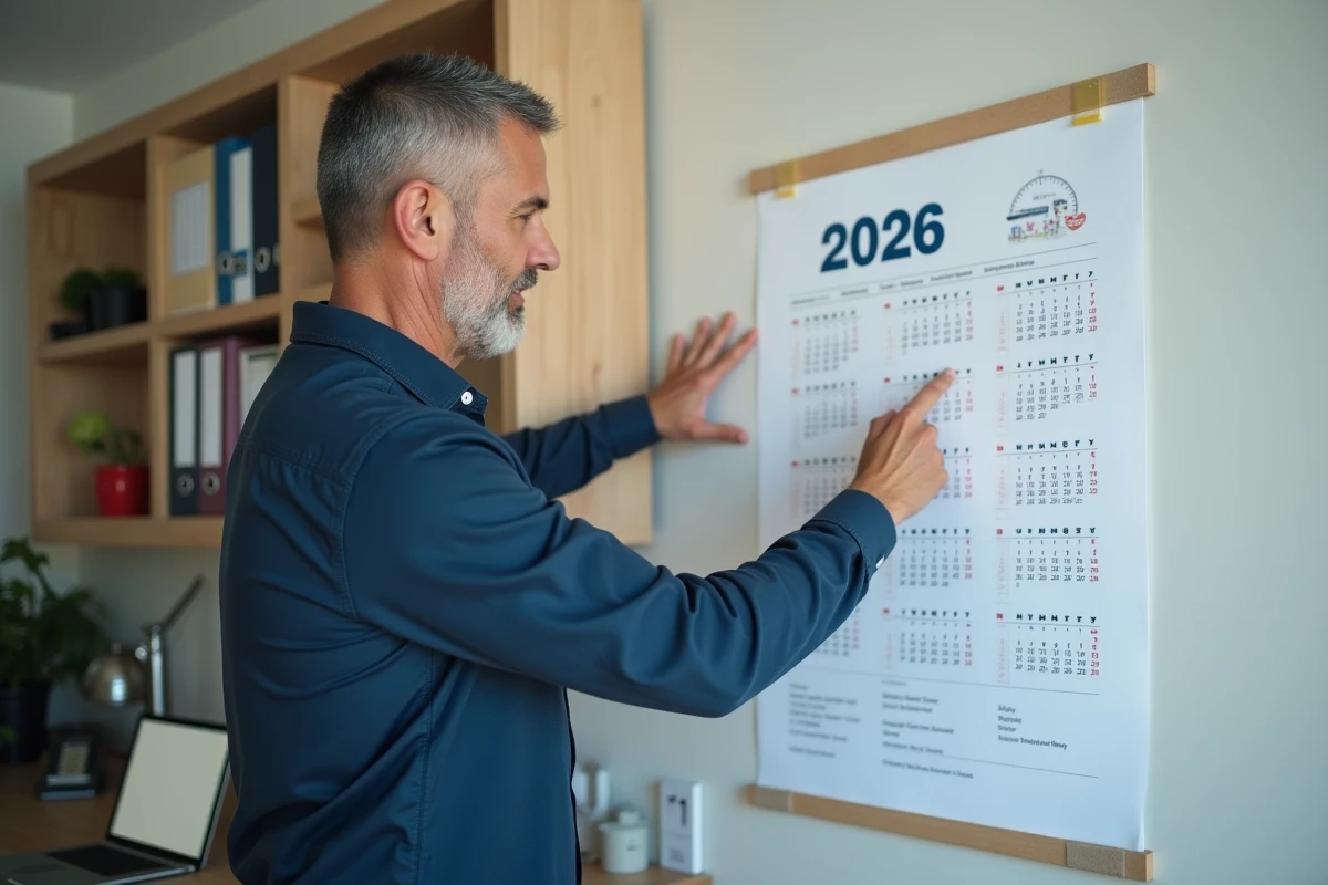 Homme planifiant ses dépenses mensuelles sur un calendrier mural imprimé 2026 dans un bureau à domicile