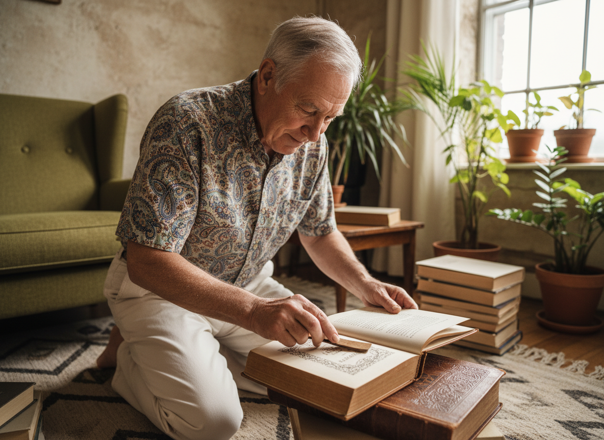 Homme âgé collant une étiquette dans un livre ancien