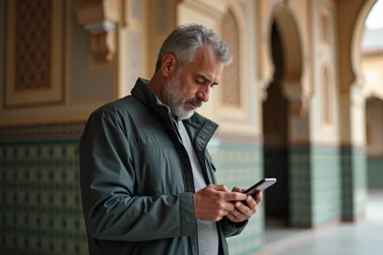 Homme d'âge moyen vérifiant une application de prière devant la mosquée