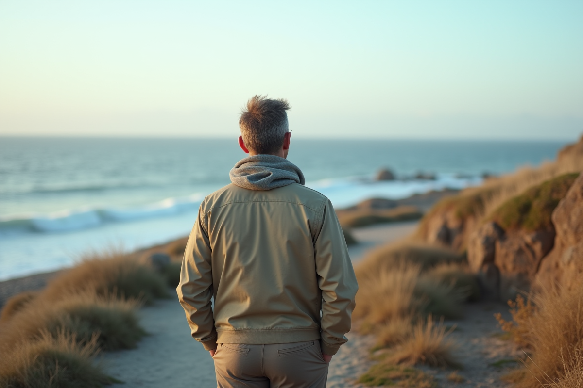 Homme en promenade sur un sentier côtier au bord de la mer