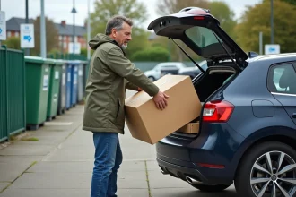 Homme d'âge moyen déchargeant des cartons aplatis au centre de recyclage