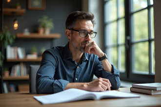 Homme réfléchi assis à un bureau moderne avec livres et papiers