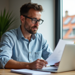 Homme en cuisine vérifiant papiers de prime électrique
