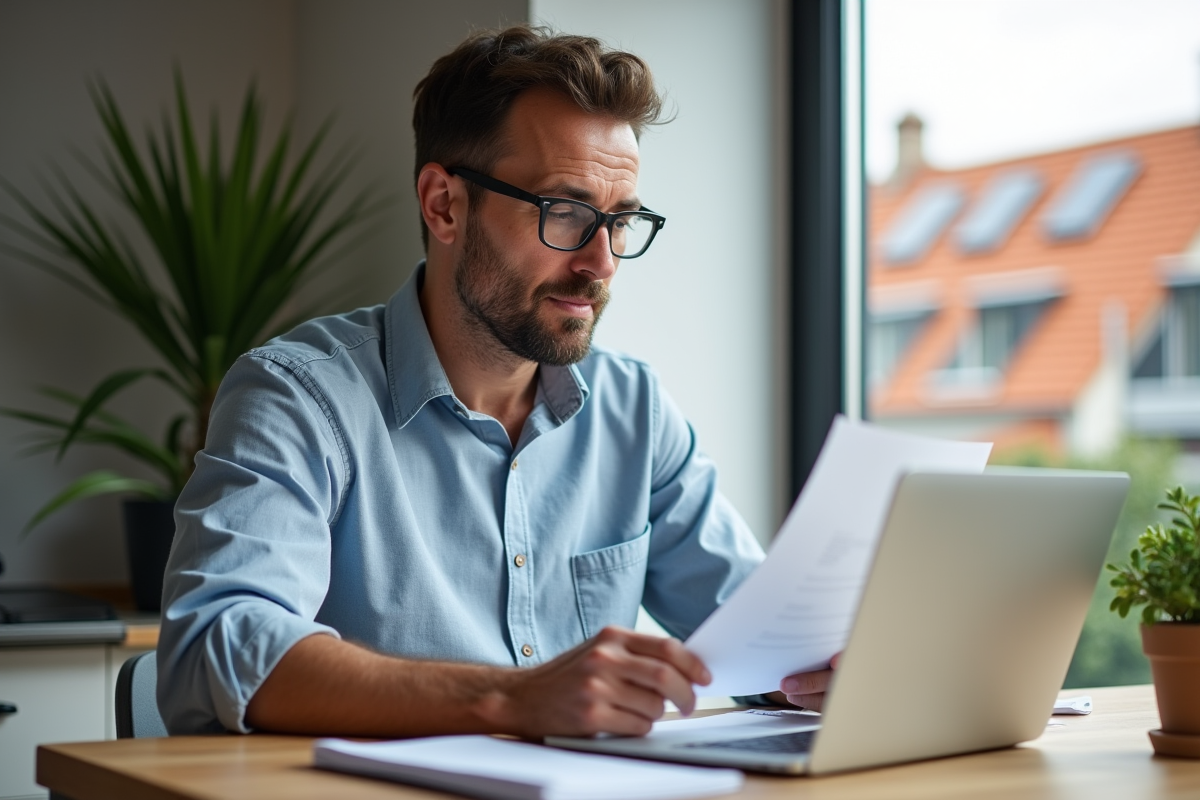Homme en cuisine vérifiant papiers de prime électrique