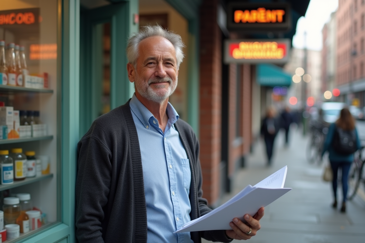 Homme senior pensif devant une pharmacie en ville