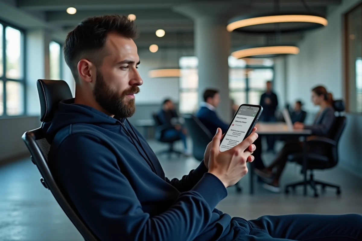 Homme en hoodie consultant une plateforme de médias agrégés sur smartphone dans un espace de coworking contemporain