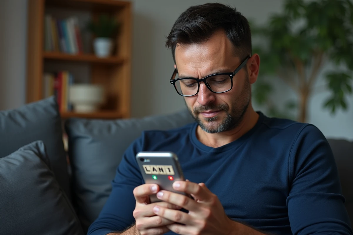 Homme jouant à 4 images 1 mot sur smartphone dans un salon moderne avec reflet d'écran sur ses lunettes