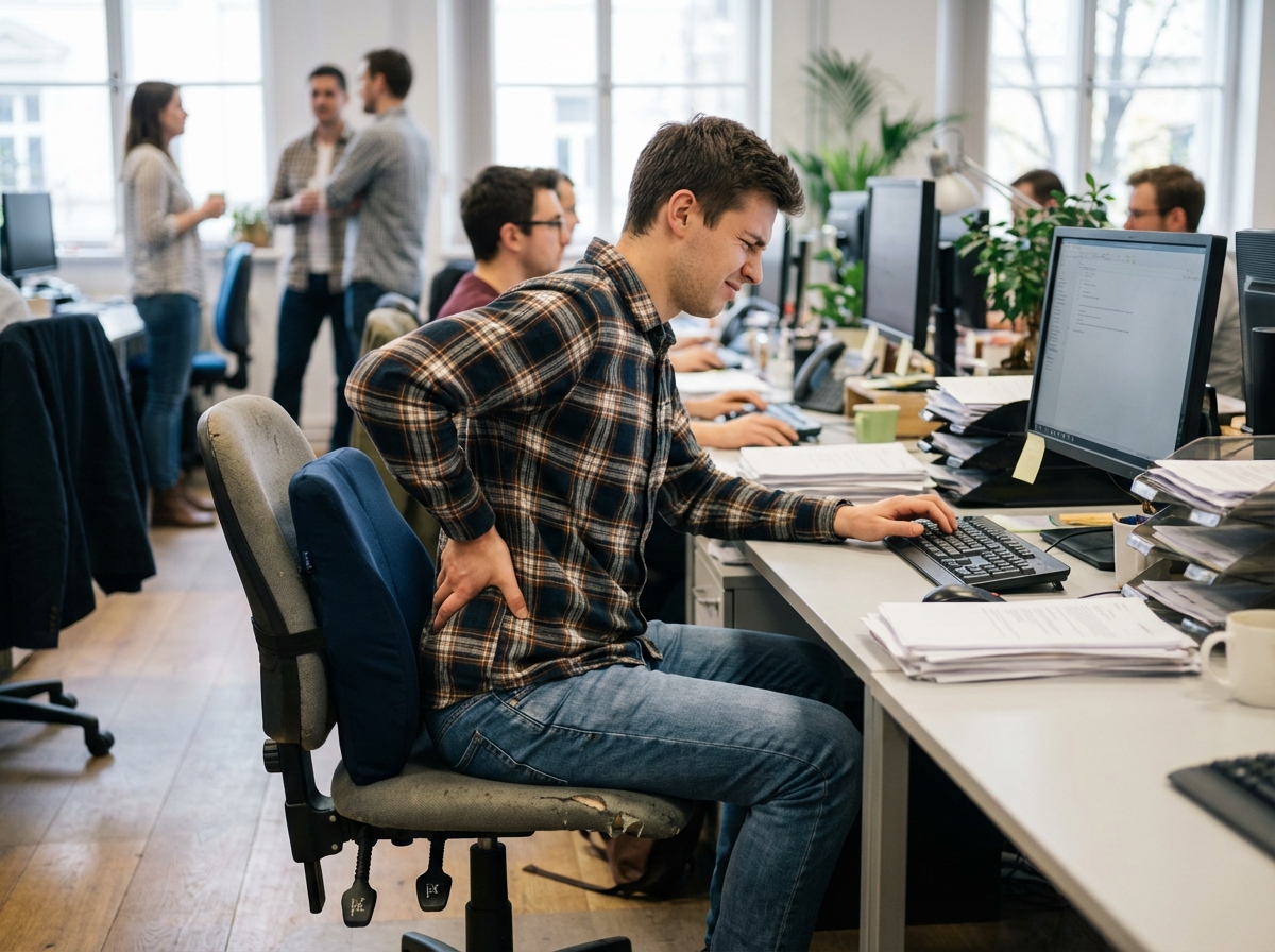 Jeune homme massant son dos sur une chaise de bureau
