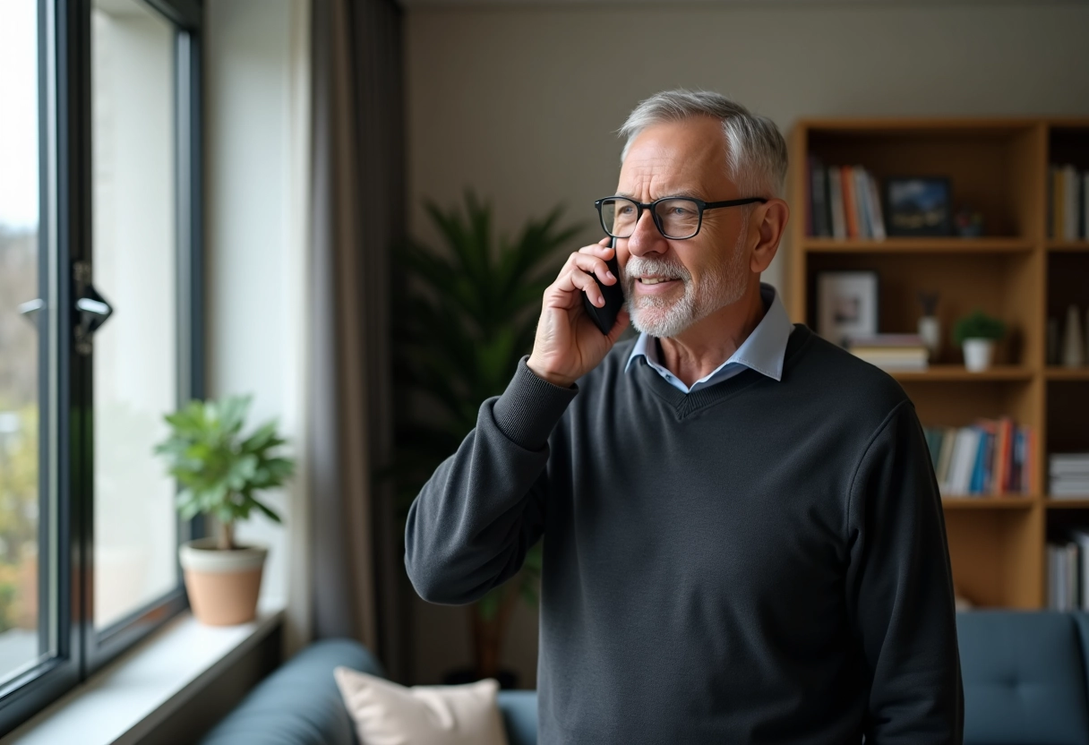 Homme parlant au téléphone dans un salon domestique