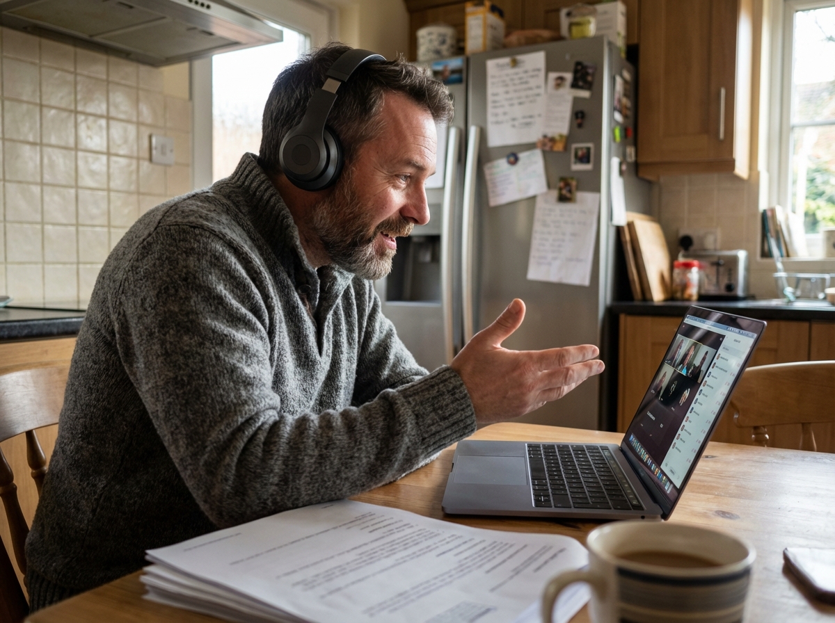 Homme en entretien vidéo dans une cuisine réaliste