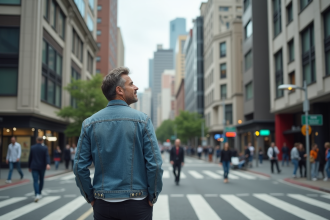 Homme d'âge moyen dans la ville au croisement