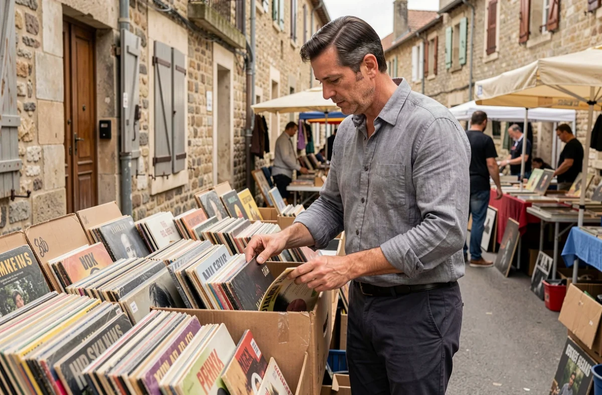 Homme parcourant des vinyles anciens sur un vide grenier de village en Haute-Loire le week-end