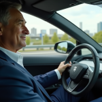 Homme d'affaires dans une voiture électrique moderne en ville