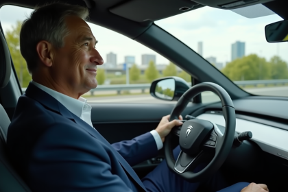 Homme d'affaires dans une voiture électrique moderne en ville