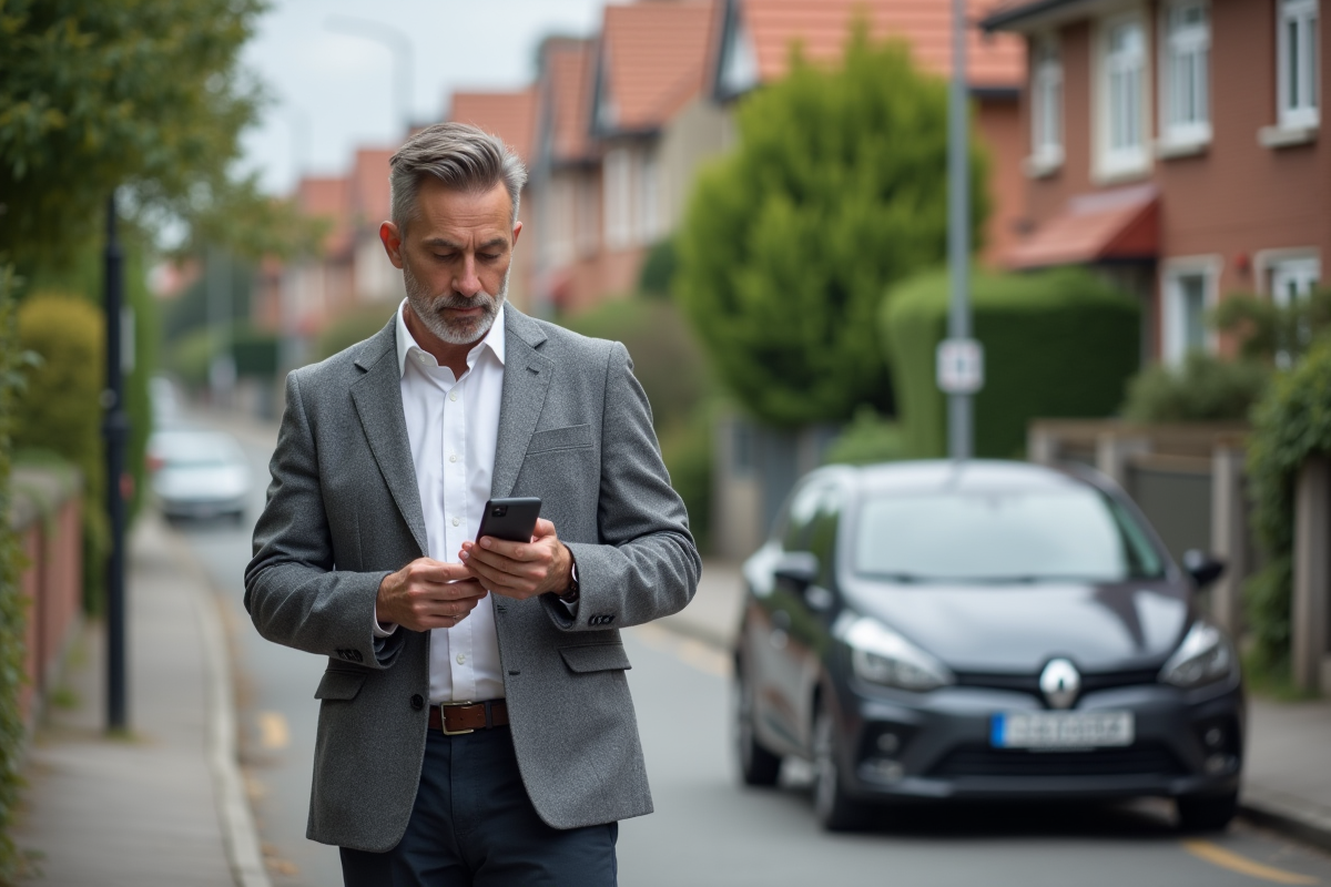 Homme regardant son smartphone près de sa voiture compacte