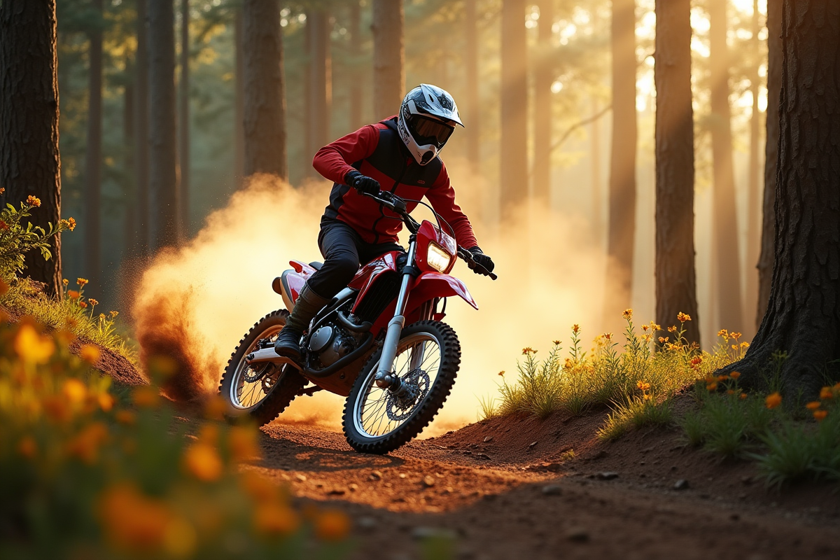 Honda XR600L en action sur sentier forestier en poussiere