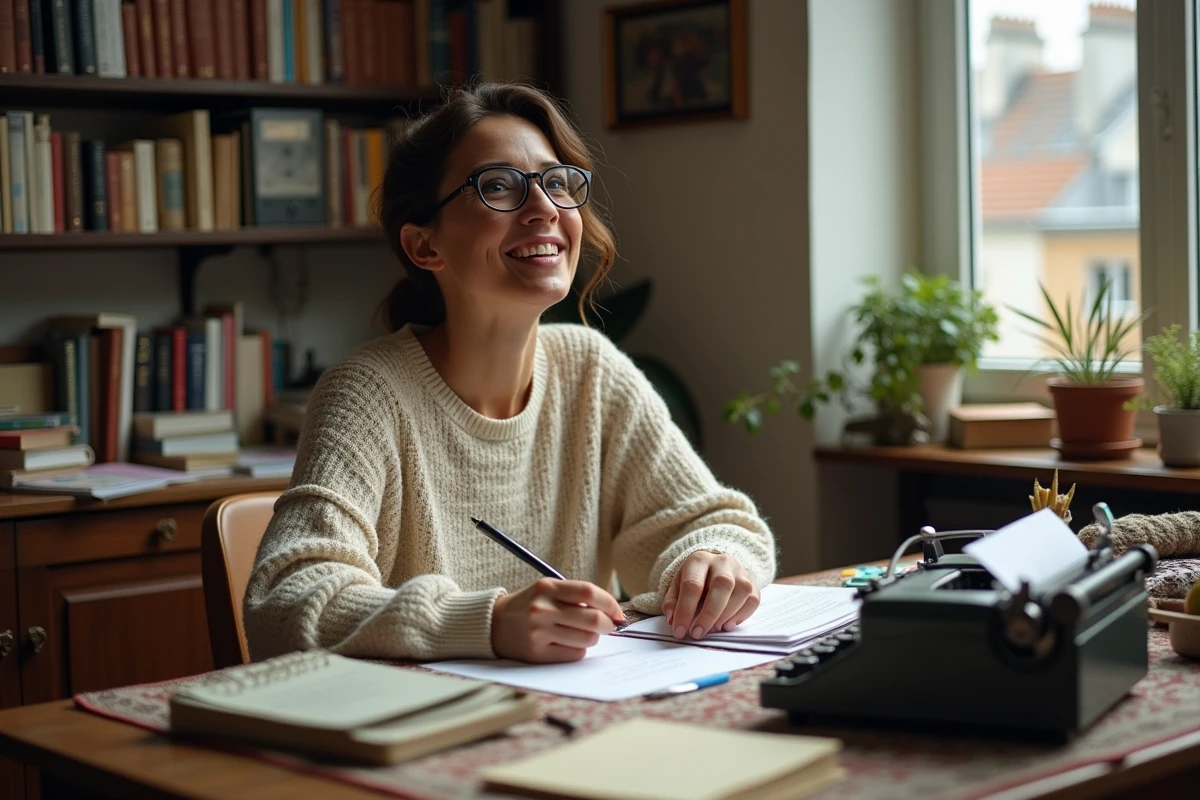 Femme humoriste française dans son bureau à domicile entourée de scripts comiques et de notes manuscrites, regardant l'objectif avec un sourire amusé