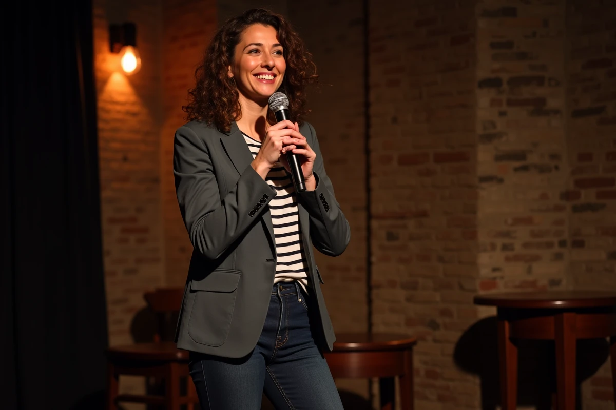 Femme humoriste française sur scène dans un club de comédie parisien, tenant un micro avec un sourire confiant lors d'un spectacle de stand-up