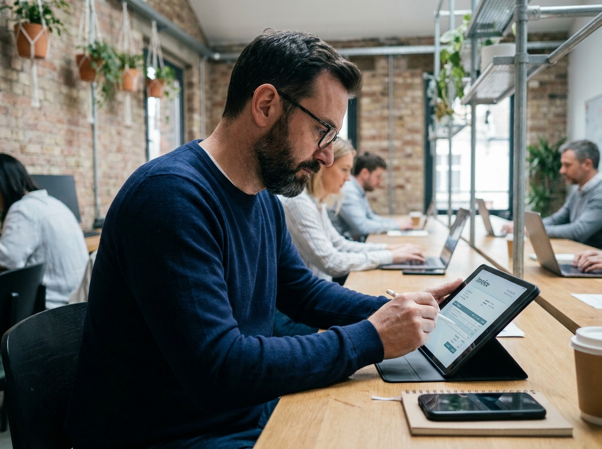 Travailleur indépendant remplissant une facture numérique sur tablette dans un espace de coworking