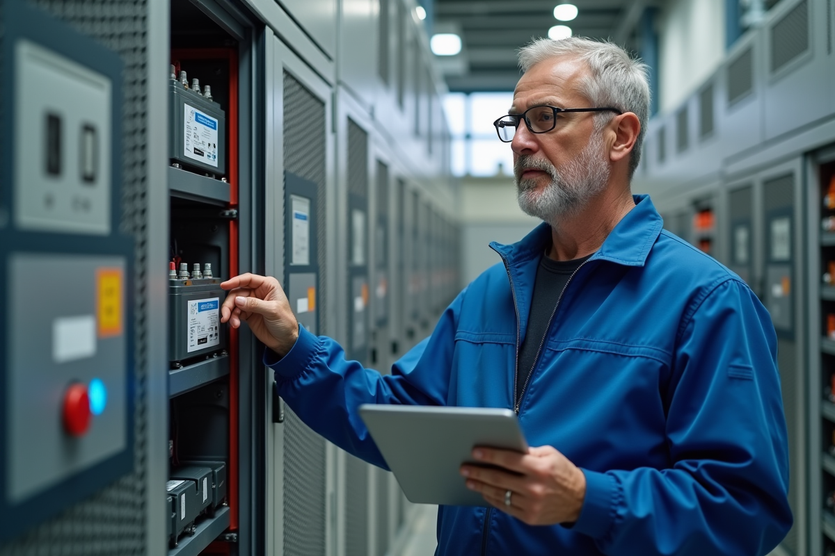 Ingénieur en bleu examine une batterie dans une usine moderne