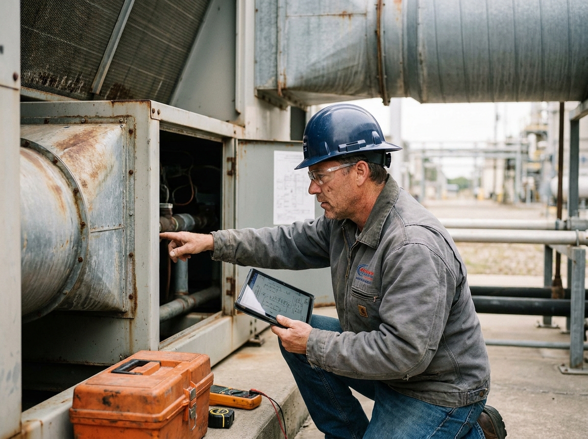 Ingénieur inspectant les composants internes d'un aérocondenseur ou dry cooler avec une tablette numérique dans une installation industrielle