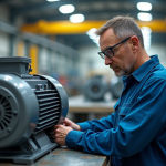 Ingénieur homme examinant un moteur électrique industriel