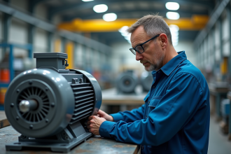 Ingénieur homme examinant un moteur électrique industriel