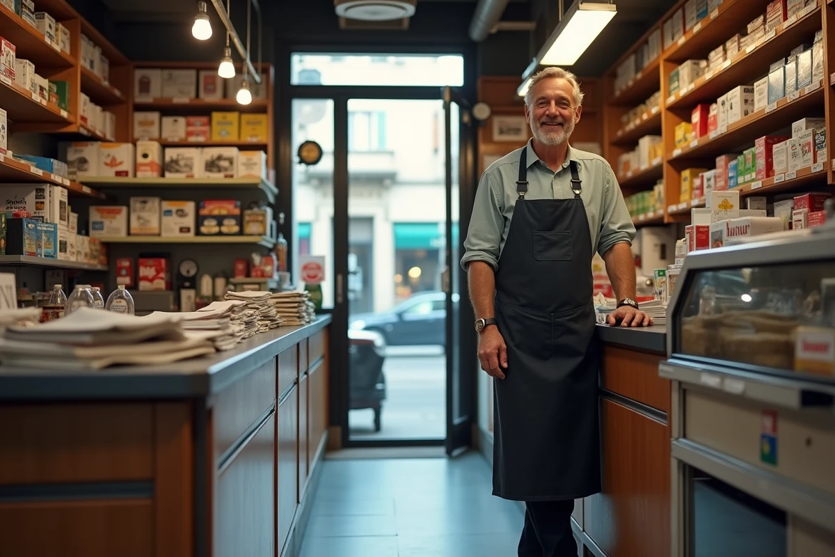 Vue intérieure d'un bureau de tabac depuis la perspective d'une personne en fauteuil roulant avec un vendeur accueillant au comptoir