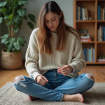 Jeune femme regardant ses jeans usés dans un intérieur chaleureux