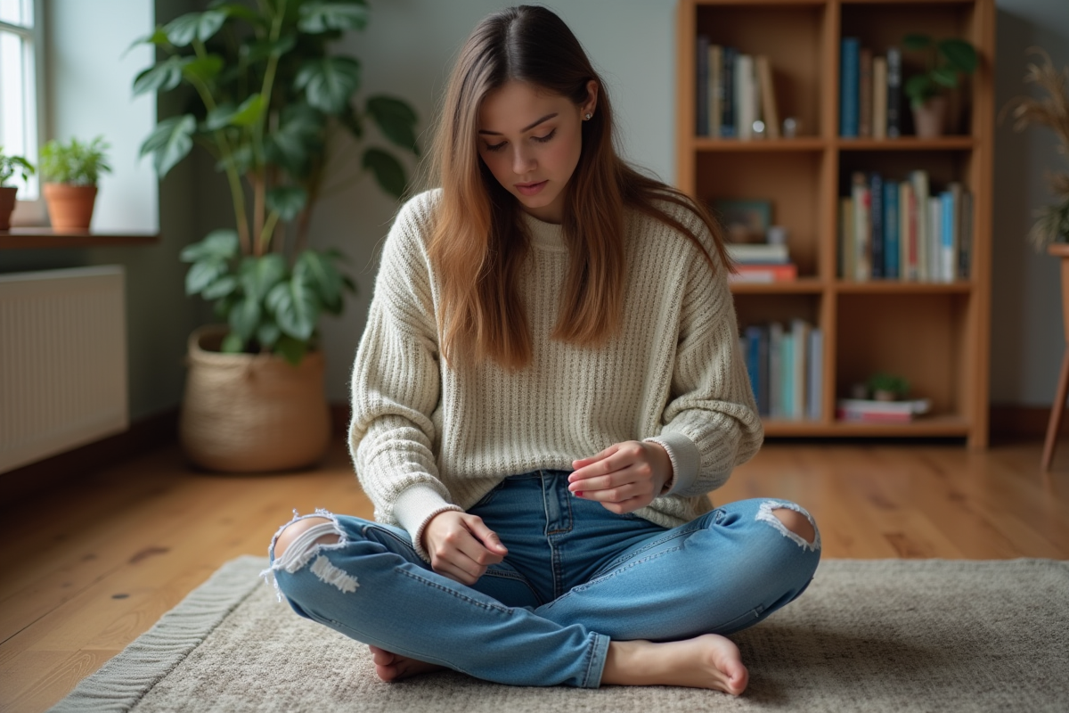 Jeune femme regardant ses jeans usés dans un intérieur chaleureux