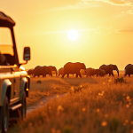 Jeep de safari avec touristes observant des elephants sur la savane