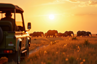 Jeep de safari avec touristes observant des elephants sur la savane