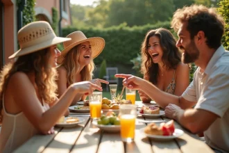 Groupe d'amis adultes jouant au jeu du palmier alcool lors d'un apéro en terrasse avec gages rigolos