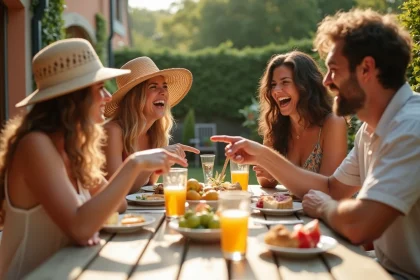 Groupe d'amis adultes jouant au jeu du palmier alcool lors d'un apéro en terrasse avec gages rigolos