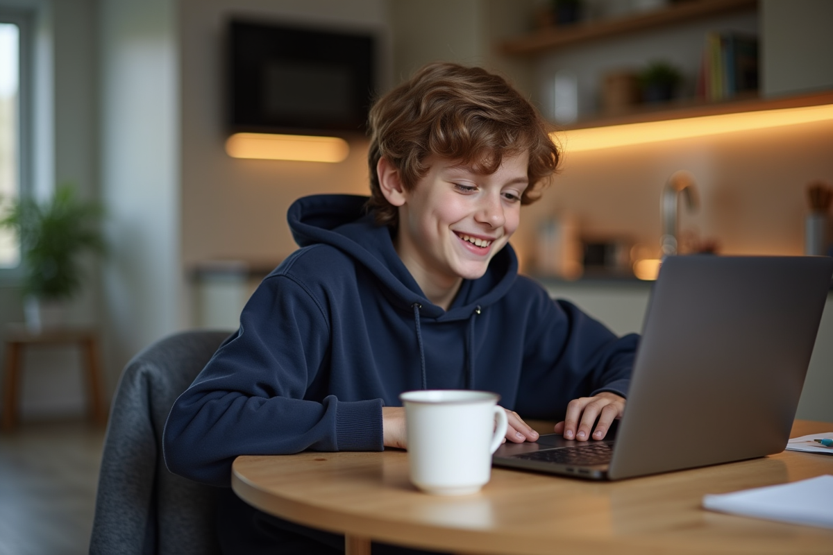 Jeune garçon étudiant souriant à la maison avec ordinateur
