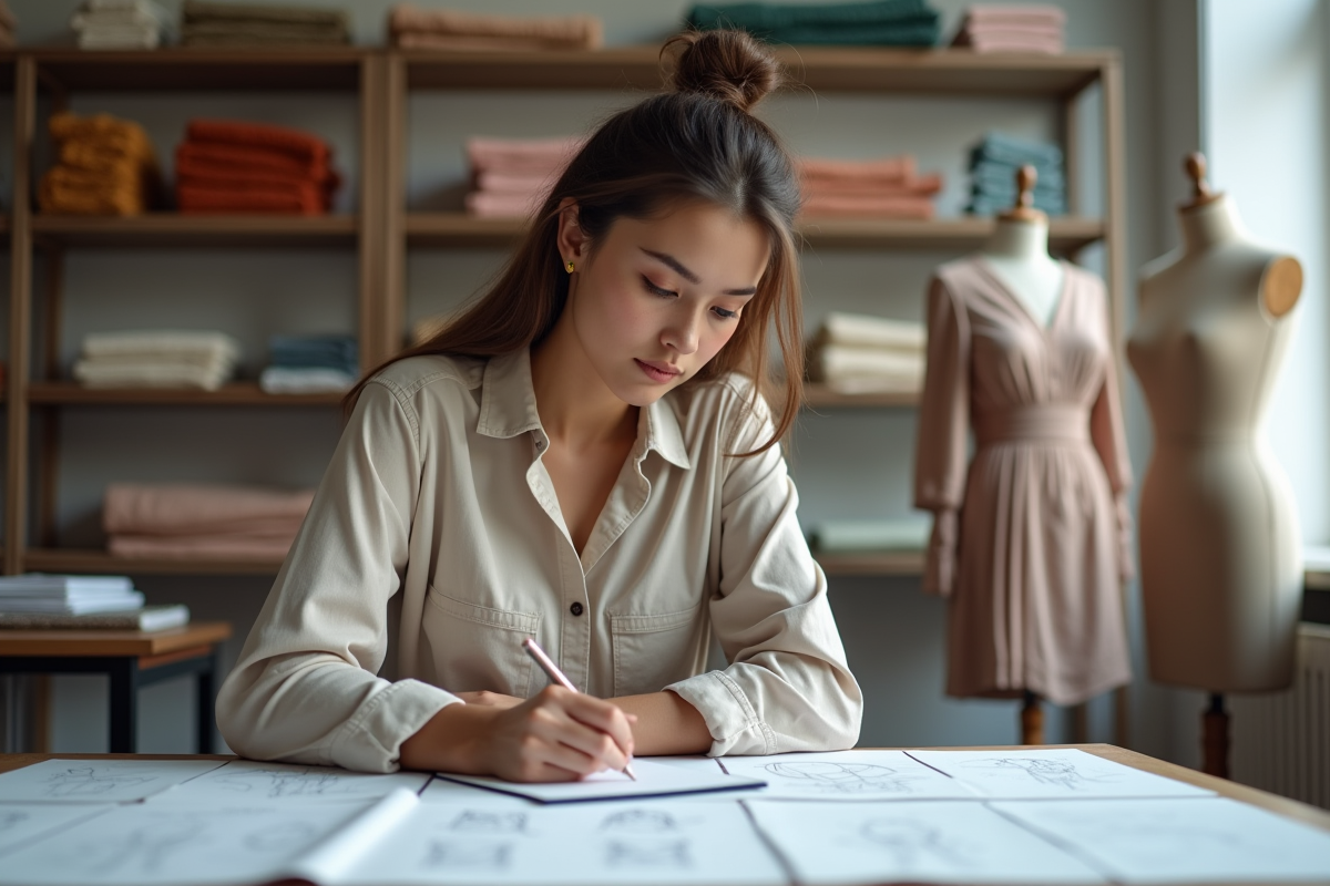 Jeune créatrice de mode dessinant dans son studio professionnel