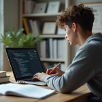 Jeune adulte travaillant sur un ordinateur portable moderne dans un bureau lumineux