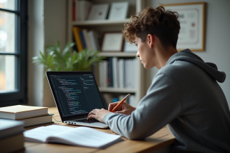 Jeune adulte travaillant sur un ordinateur portable moderne dans un bureau lumineux