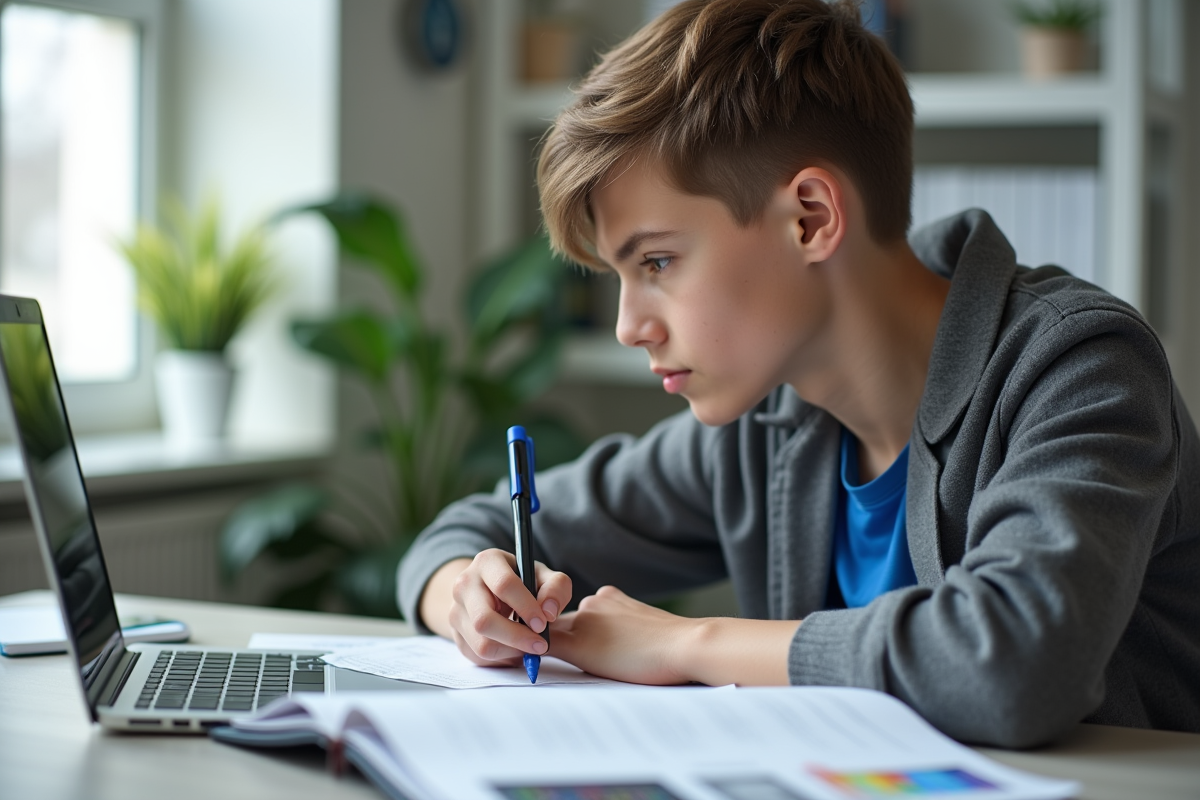 Jeune étudiant concentré à son bureau pour examen police