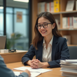 Jeune femme en tenue professionnelle aide un étudiant à la réception