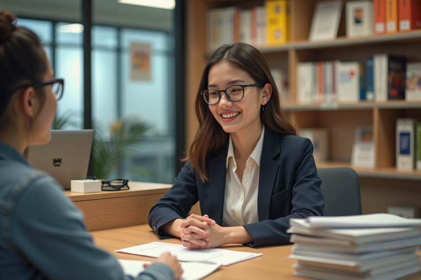 Jeune femme en tenue professionnelle aide un étudiant à la réception
