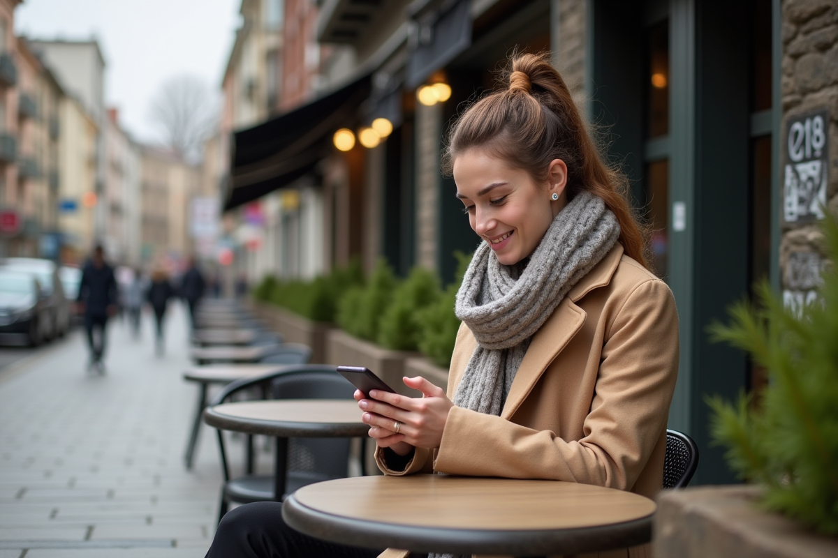 Jeune femme au café terrasse vérifiant son smartphone