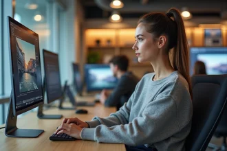 Jeune femme en train d'éditer une vidéo dans un bureau moderne