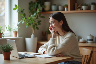 Jeune femme souriante à la cuisine avec ordinateur et herbes