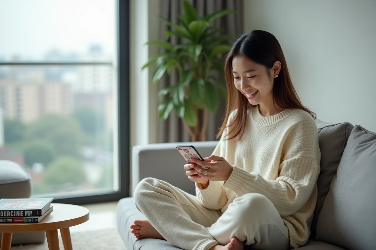 Jeune femme découvrant un manhwa sur smartphone dans un salon moderne, représentant une nouvelle lectrice de webtoon