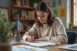 Jeune femme en intérieur dessinant dans un bureau cosy