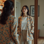Jeune femme regardant son reflet dans un miroir avec un blazer coloré