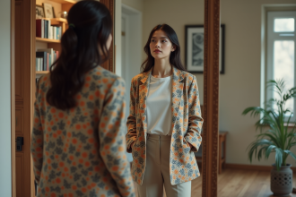 Jeune femme regardant son reflet dans un miroir avec un blazer coloré