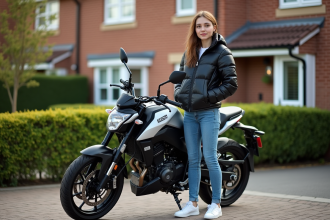 Jeune femme avec moto 125cc devant maison résidentielle