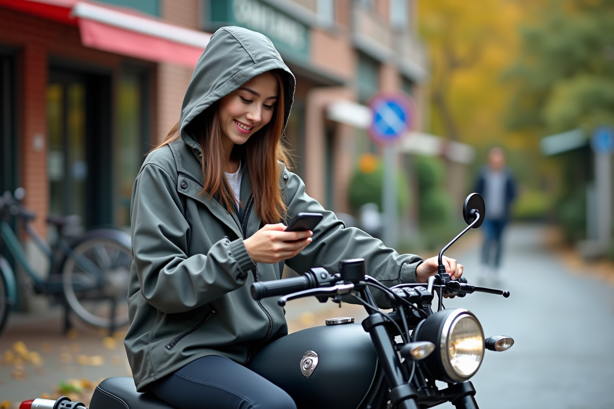 Jeune femme assise sur une moto 50cc vérifiant son téléphone
